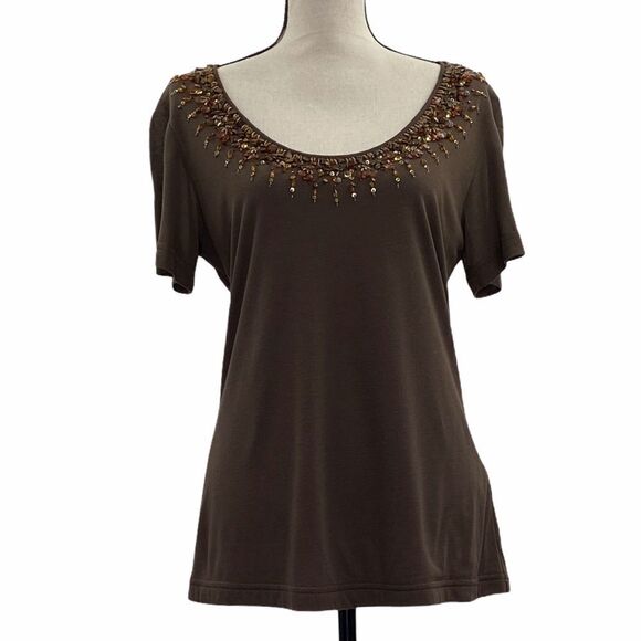 Escada Tops - ESCADA Brown Beaded Sequined Beaded Blouse 42 Nwt